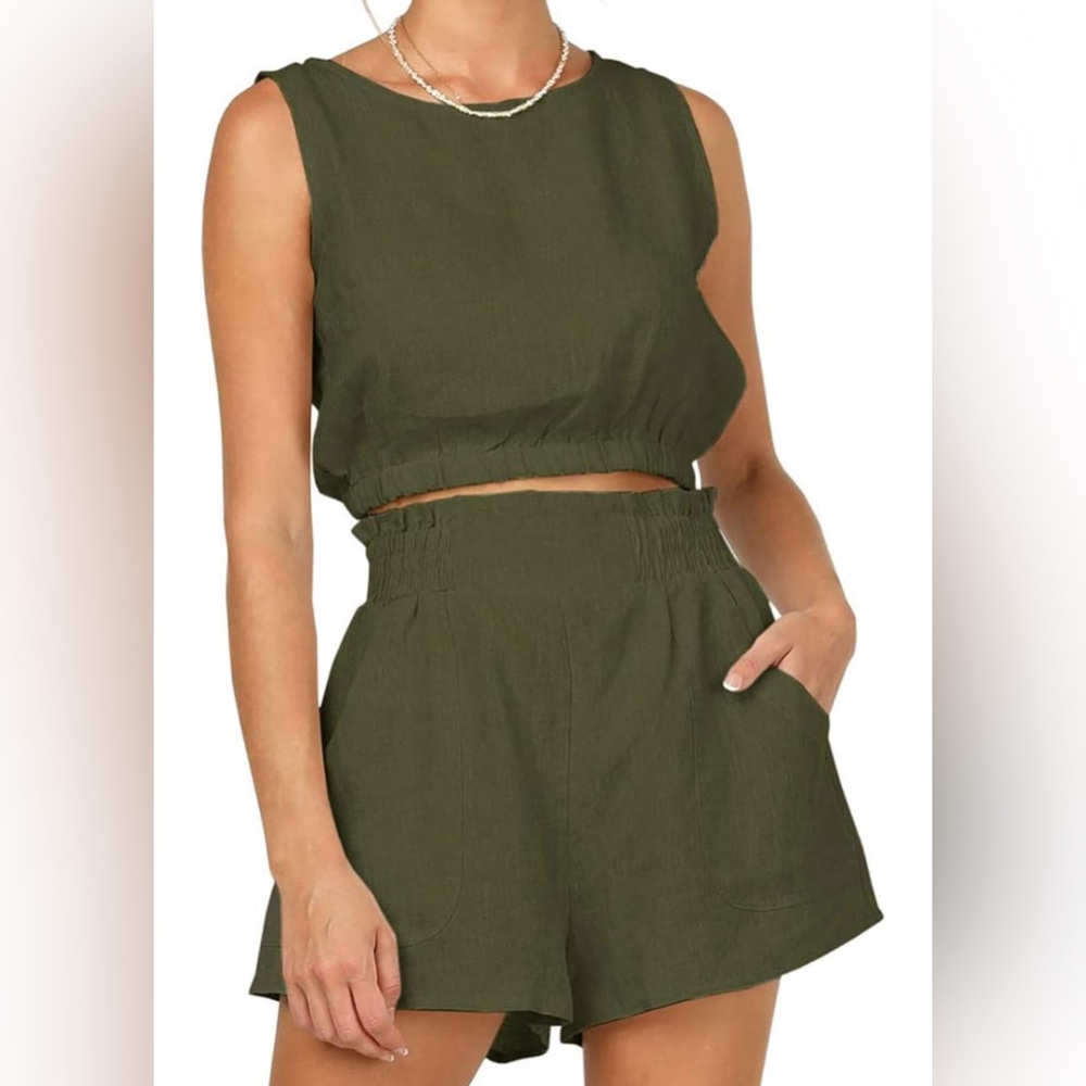 Womens Summer 2 Piece Sets Sleeveless High Waisted Shorts with Pockets